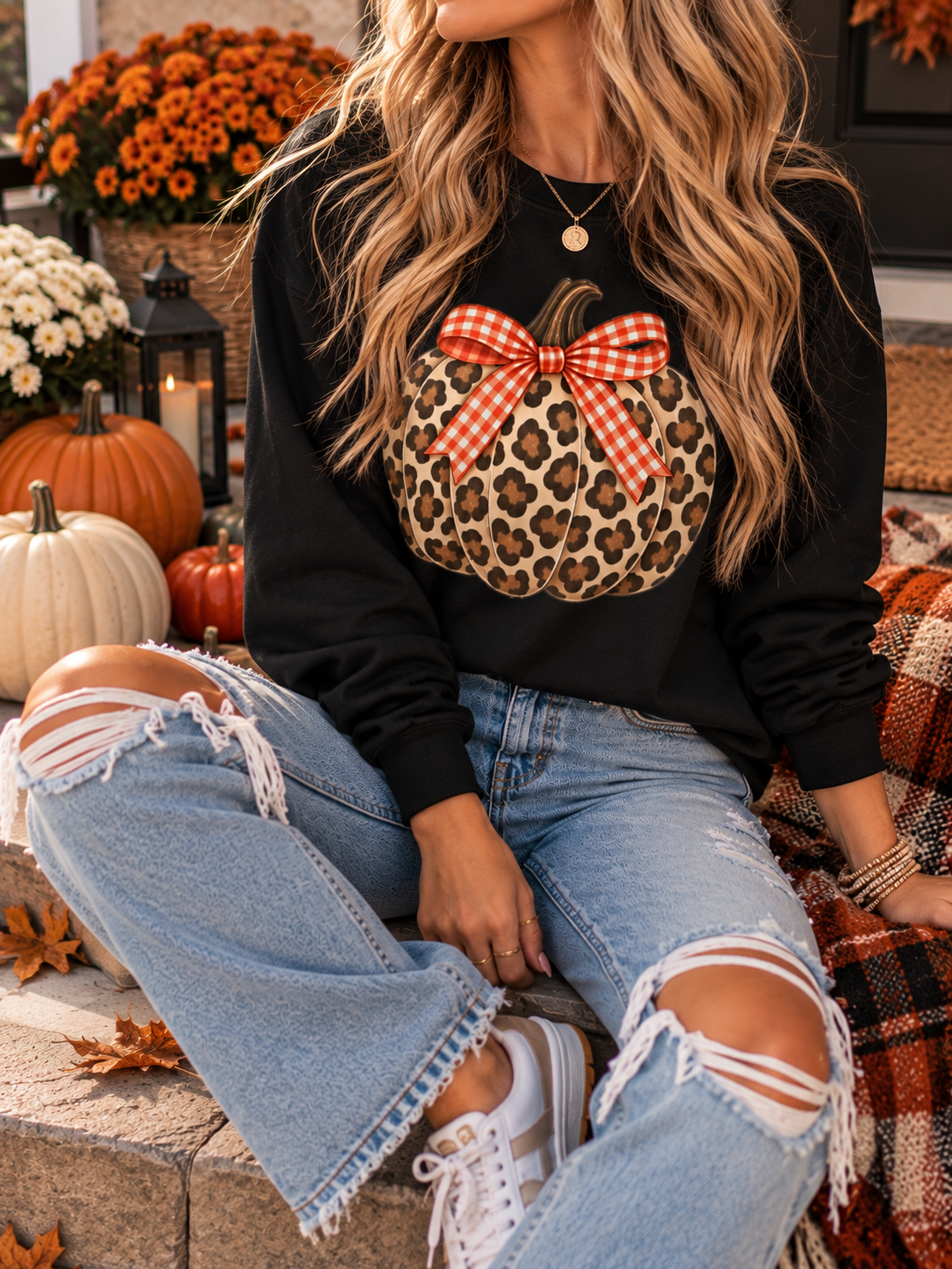 Leopard Print Pumpkin Long Sleeve Tee